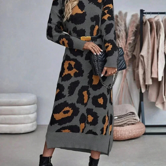 Multicolor Casual Women's Leopard Print Turtleneck Sweater Dress - Picture 6 of 6